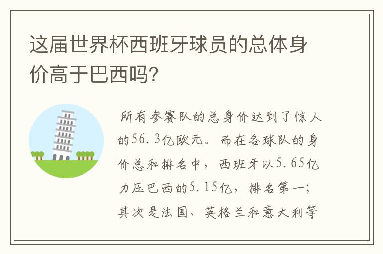 这届世界杯西班牙球员的总体身价高于巴西吗？