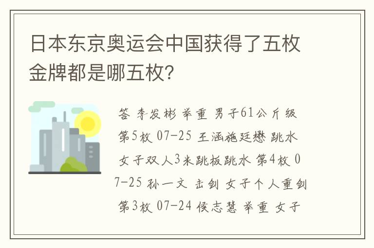 日本东京奥运会中国获得了五枚金牌都是哪五枚？