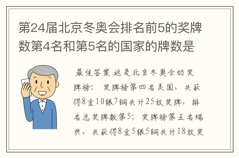 第24届北京冬奥会排名前5的奖牌数第4名和第5名的国家的牌数是多少？