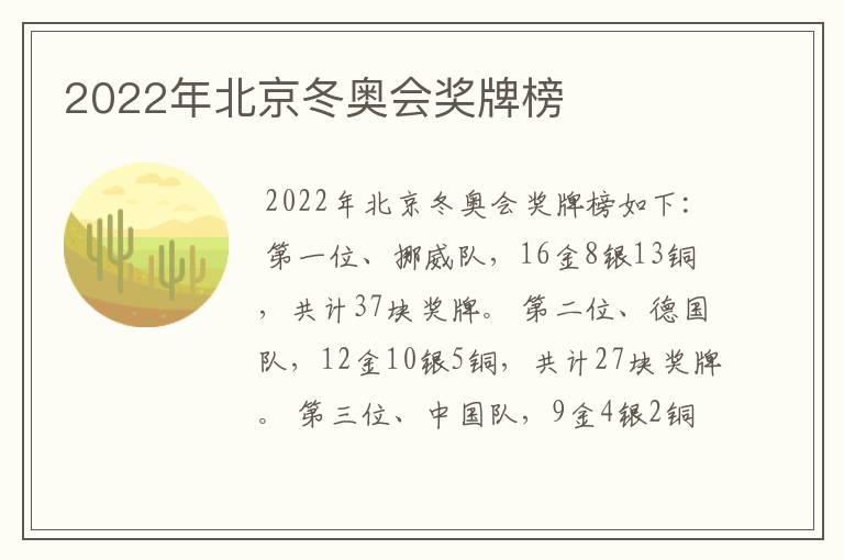 2022年北京冬奥会奖牌榜