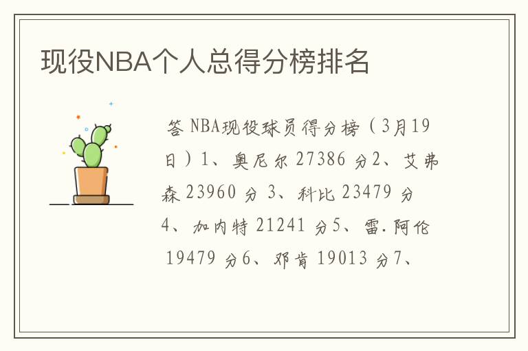 现役NBA个人总得分榜排名