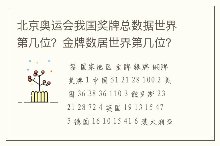 北京奥运会我国奖牌总数据世界第几位？金牌数居世界第几位？