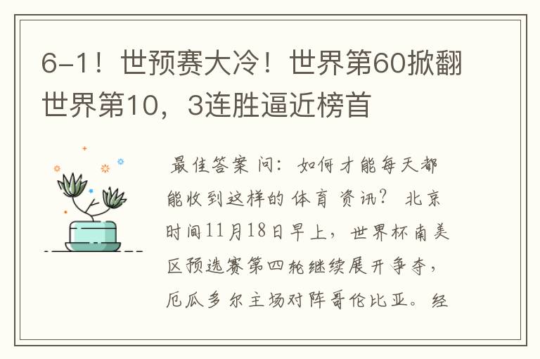 6-1！世预赛大冷！世界第60掀翻世界第10，3连胜逼近榜首