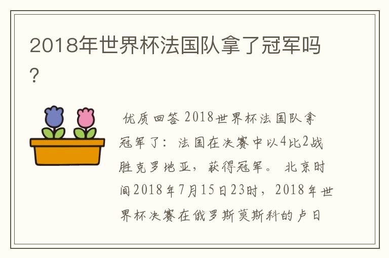 2018年世界杯法国队拿了冠军吗？