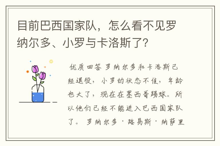 目前巴西国家队，怎么看不见罗纳尔多、小罗与卡洛斯了？