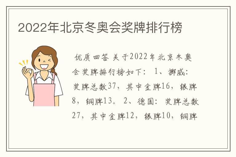 2022年北京冬奥会奖牌排行榜