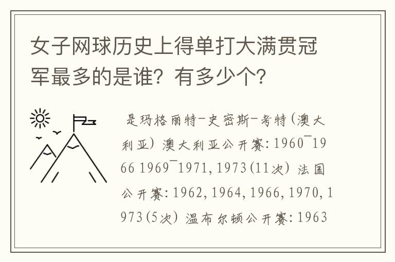 女子网球历史上得单打大满贯冠军最多的是谁？有多少个？