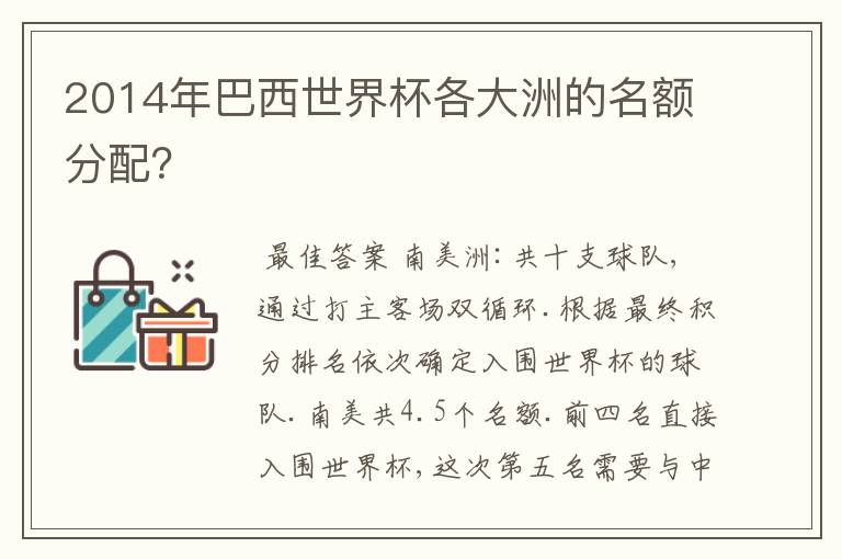 2014年巴西世界杯各大洲的名额分配？