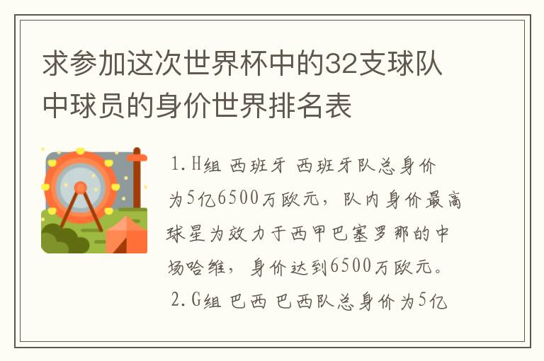 求参加这次世界杯中的32支球队中球员的身价世界排名表