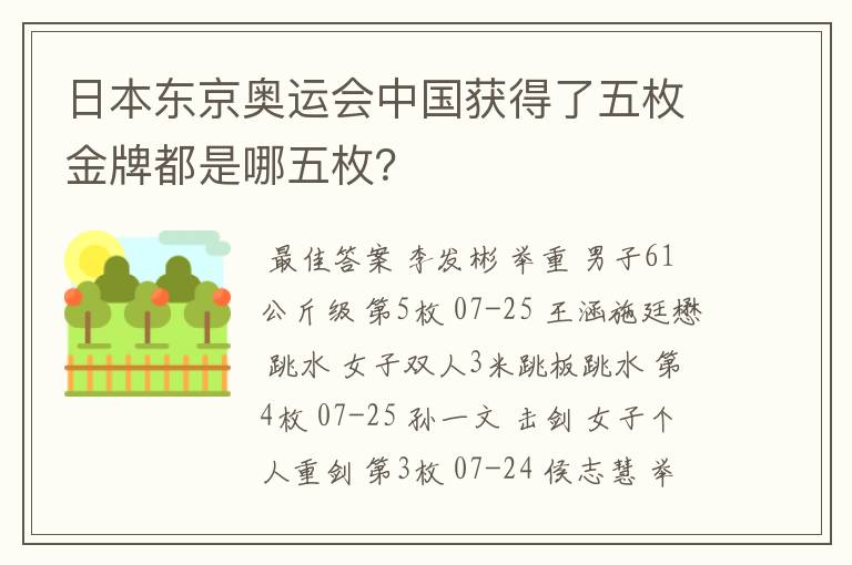 日本东京奥运会中国获得了五枚金牌都是哪五枚？