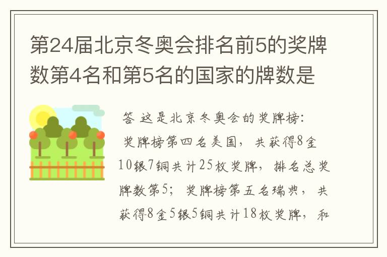 第24届北京冬奥会排名前5的奖牌数第4名和第5名的国家的牌数是多少？