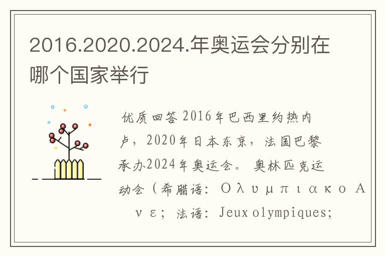 2016.2020.2024.年奥运会分别在哪个国家举行