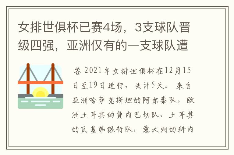 女排世俱杯已赛4场，3支球队晋级四强，亚洲仅有的一支球队遭淘汰