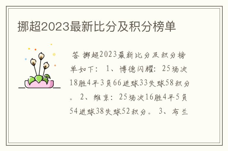 挪超2023最新比分及积分榜单