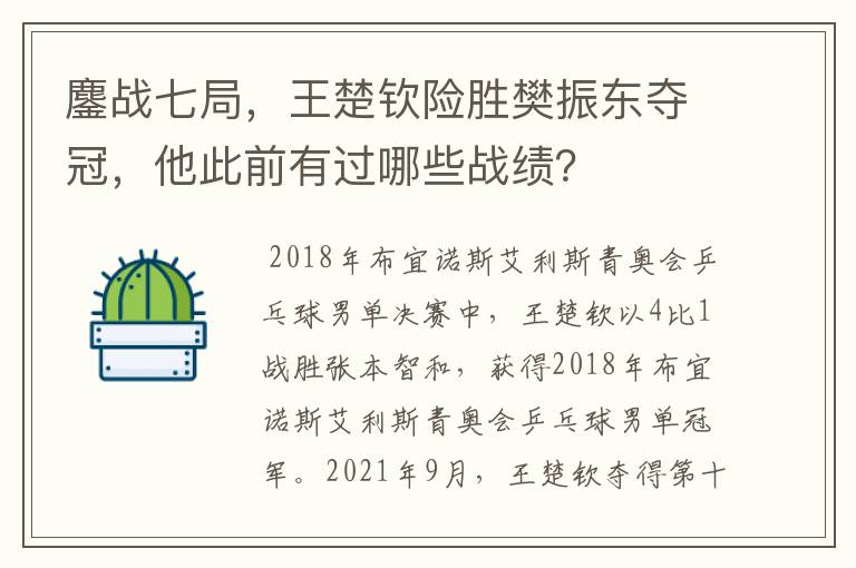 鏖战七局，王楚钦险胜樊振东夺冠，他此前有过哪些战绩？