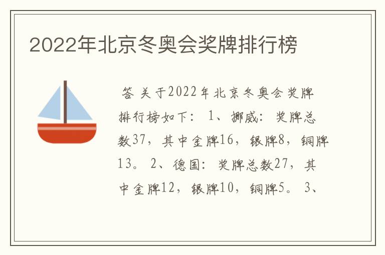 2022年北京冬奥会奖牌排行榜