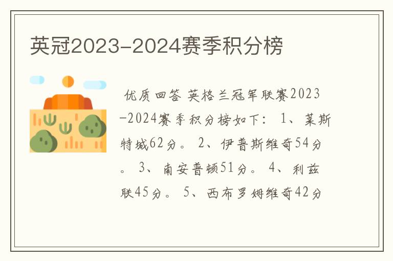 英冠2023-2024赛季积分榜