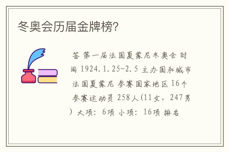 冬奥会历届金牌榜？