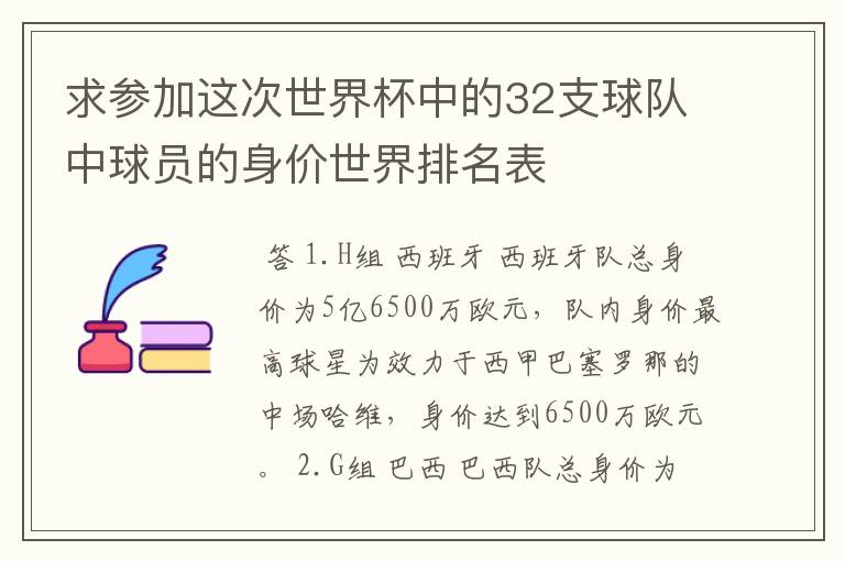 求参加这次世界杯中的32支球队中球员的身价世界排名表