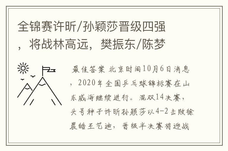 全锦赛许昕/孙颖莎晋级四强，将战林高远，樊振东/陈梦爆冷出局