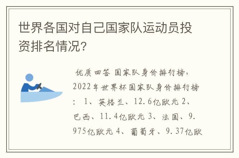 世界各国对自己国家队运动员投资排名情况?