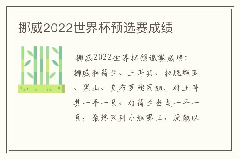 挪威2022世界杯预选赛成绩