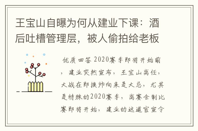 王宝山自曝为何从建业下课：酒后吐槽管理层，被人偷拍给老板