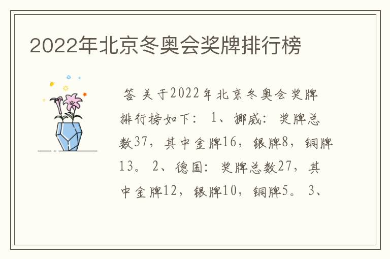 2022年北京冬奥会奖牌排行榜