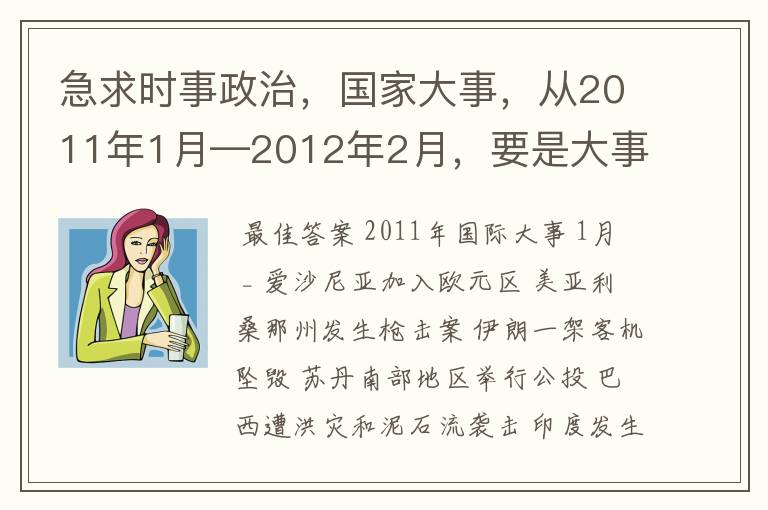 急求时事政治，国家大事，从2011年1月—2012年2月，要是大事，越多越好。国内国际的都要。