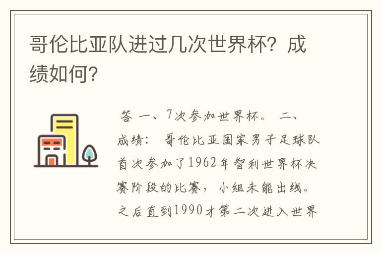 哥伦比亚队进过几次世界杯？成绩如何？