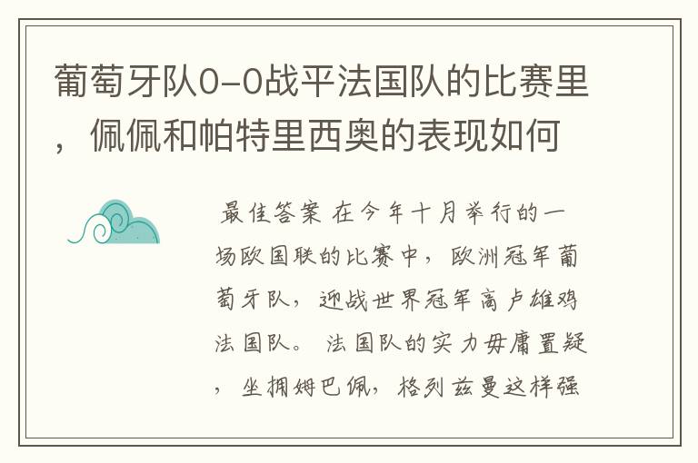 葡萄牙队0-0战平法国队的比赛里，佩佩和帕特里西奥的表现如何？