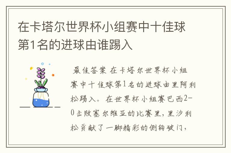 在卡塔尔世界杯小组赛中十佳球第1名的进球由谁踢入