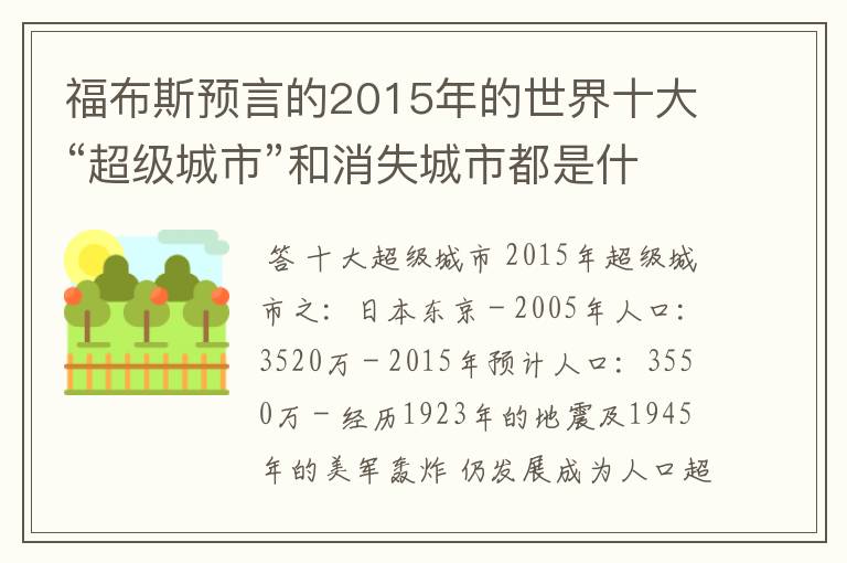 福布斯预言的2015年的世界十大“超级城市”和消失城市都是什么