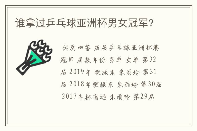 谁拿过乒乓球亚洲杯男女冠军?