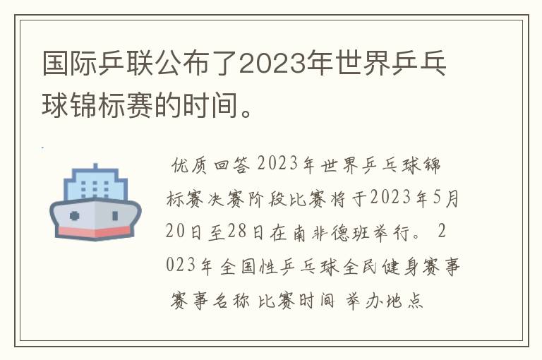 国际乒联公布了2023年世界乒乓球锦标赛的时间。