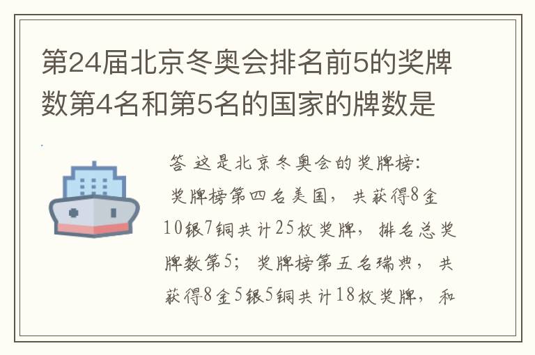 第24届北京冬奥会排名前5的奖牌数第4名和第5名的国家的牌数是多少？