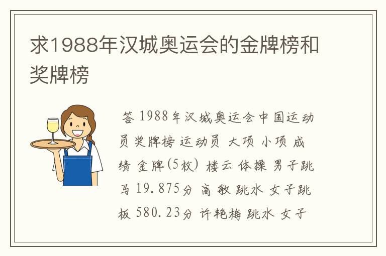 求1988年汉城奥运会的金牌榜和奖牌榜