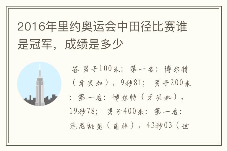 2016年里约奥运会中田径比赛谁是冠军，成绩是多少