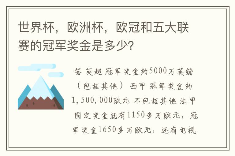 世界杯，欧洲杯，欧冠和五大联赛的冠军奖金是多少？