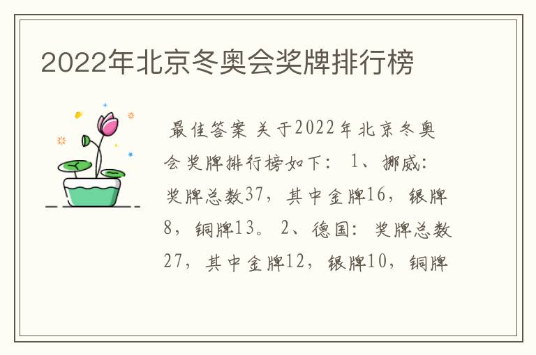 2022年北京冬奥会奖牌排行榜