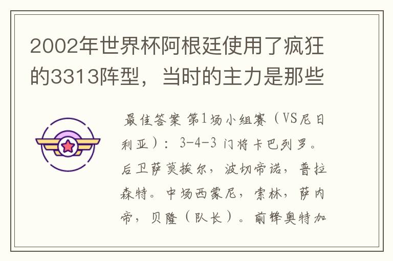 2002年世界杯阿根廷使用了疯狂的3313阵型，当时的主力是那些人．