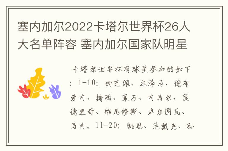 塞内加尔2022卡塔尔世界杯26人大名单阵容 塞内加尔国家队明星球员