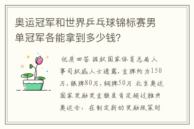 奥运冠军和世界乒乓球锦标赛男单冠军各能拿到多少钱？