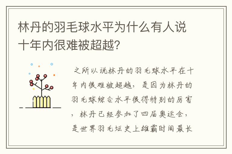 林丹的羽毛球水平为什么有人说十年内很难被超越？