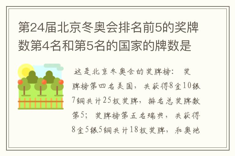 第24届北京冬奥会排名前5的奖牌数第4名和第5名的国家的牌数是多少？