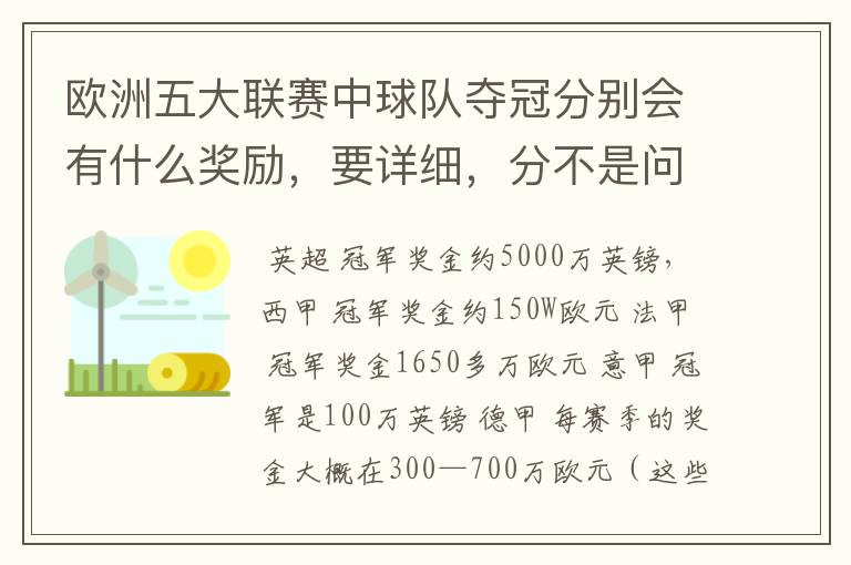 欧洲五大联赛中球队夺冠分别会有什么奖励，要详细，分不是问题