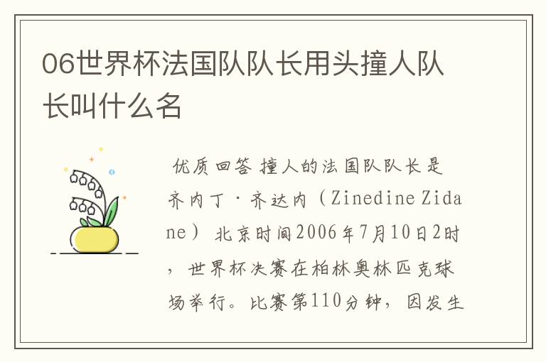 06世界杯法国队队长用头撞人队长叫什么名