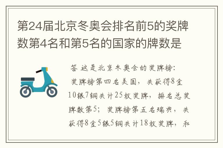 第24届北京冬奥会排名前5的奖牌数第4名和第5名的国家的牌数是多少？