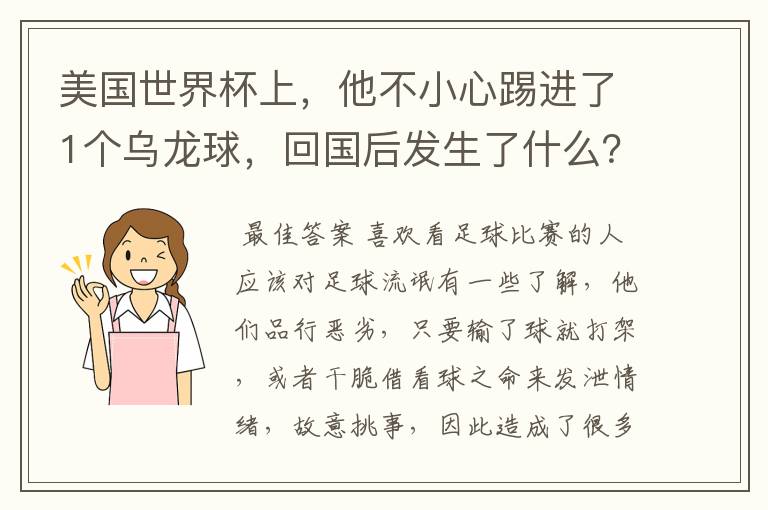 美国世界杯上，他不小心踢进了1个乌龙球，回国后发生了什么？