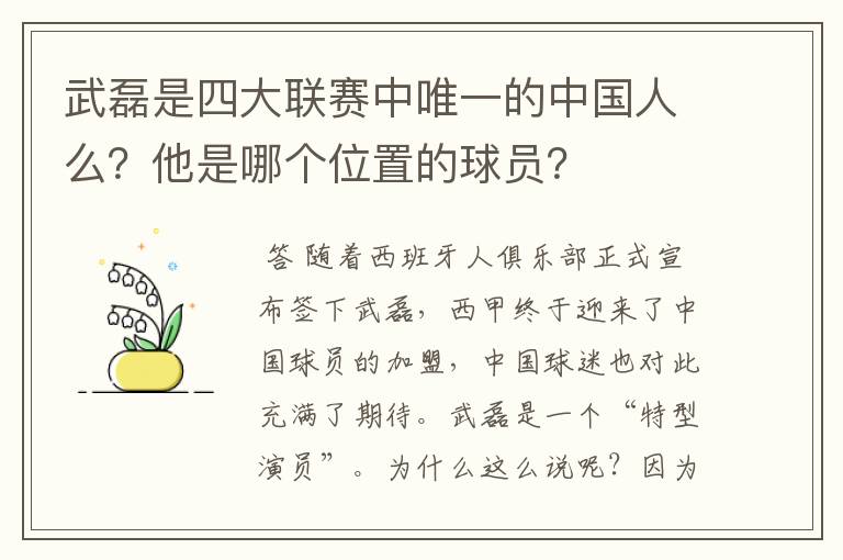 武磊是四大联赛中唯一的中国人么？他是哪个位置的球员？